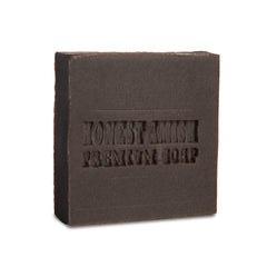 Honest Amish front view of patchouli and bark soap bar showing label and shape benefit natural ingredients