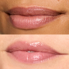 Honest Beauty Plum Drop swiped on lips showing sheer plum color and hydrated finish