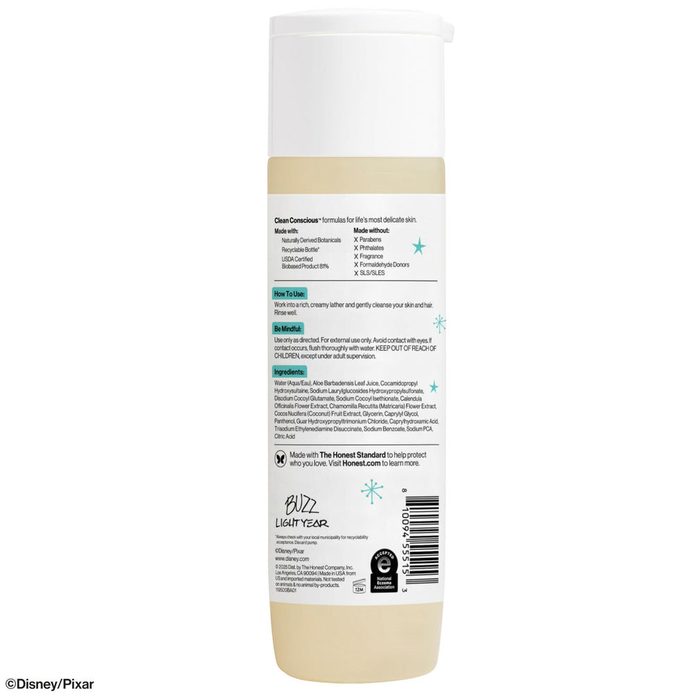 Back label closeup of The Honest Company showing recyclable packaging and certifications