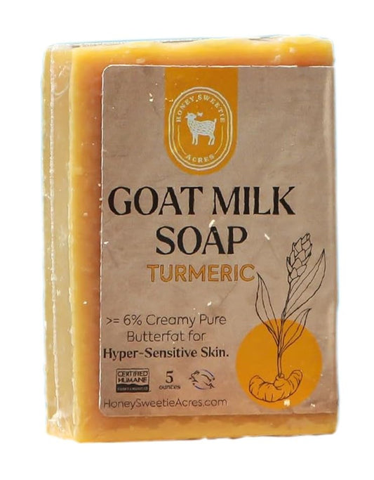 Honey Sweetie Acres soap front packaging showing natural turmeric bar and label benefits