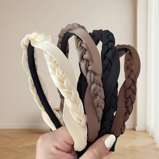 Hoojoot front view of four satin braided headbands showing colors and packaging benefit