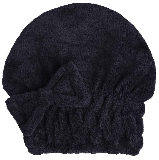 HOPESHINE front view of black microfiber hair towel cap showing fit and bow-knot benefit