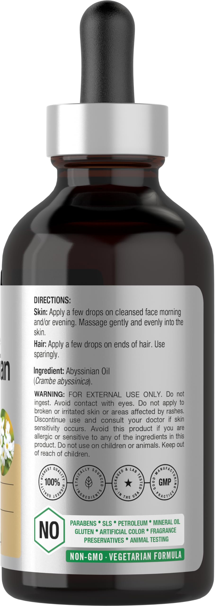 Horbäach label closeup highlighting cruelty-free and additive-free benefits