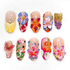HOSAILY front packaging showing 24 colorful almond press-on nails and included tools for easy use