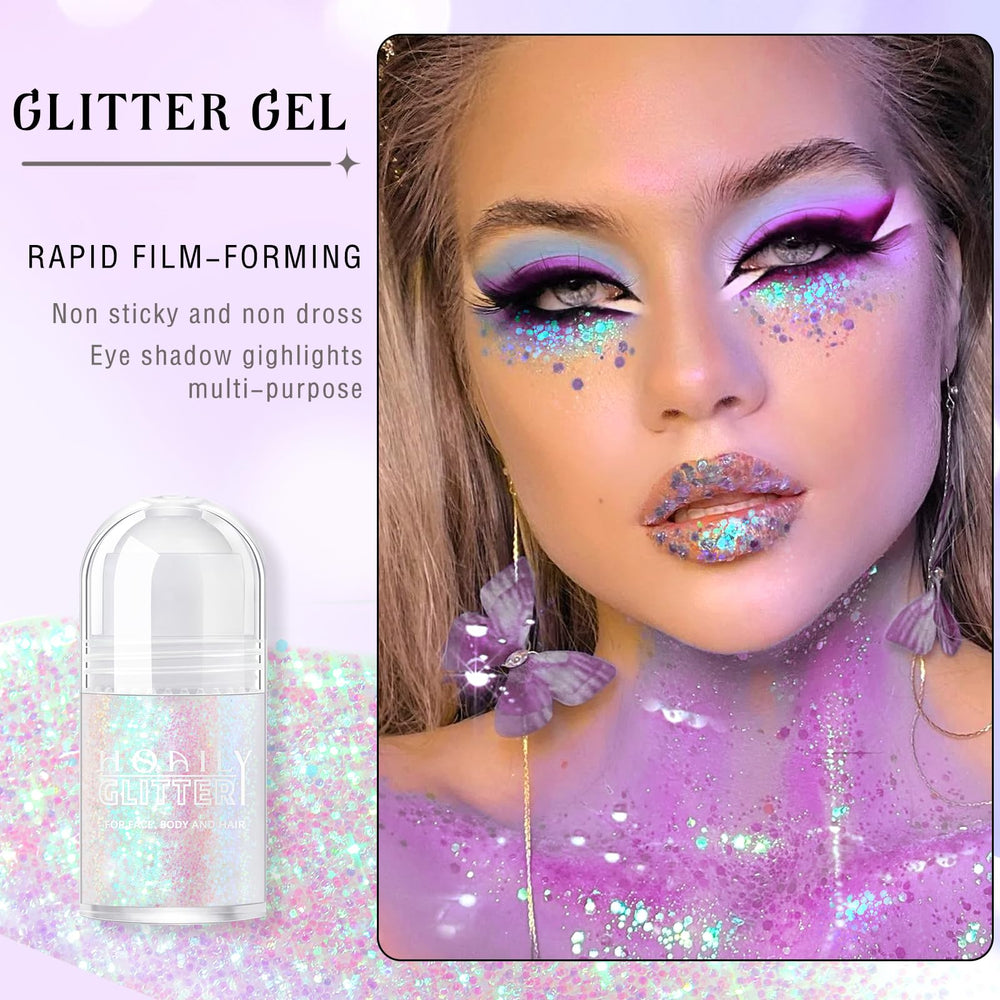 HOSAILY glitter applied to hairline showing color-shift effect and festival-ready accents