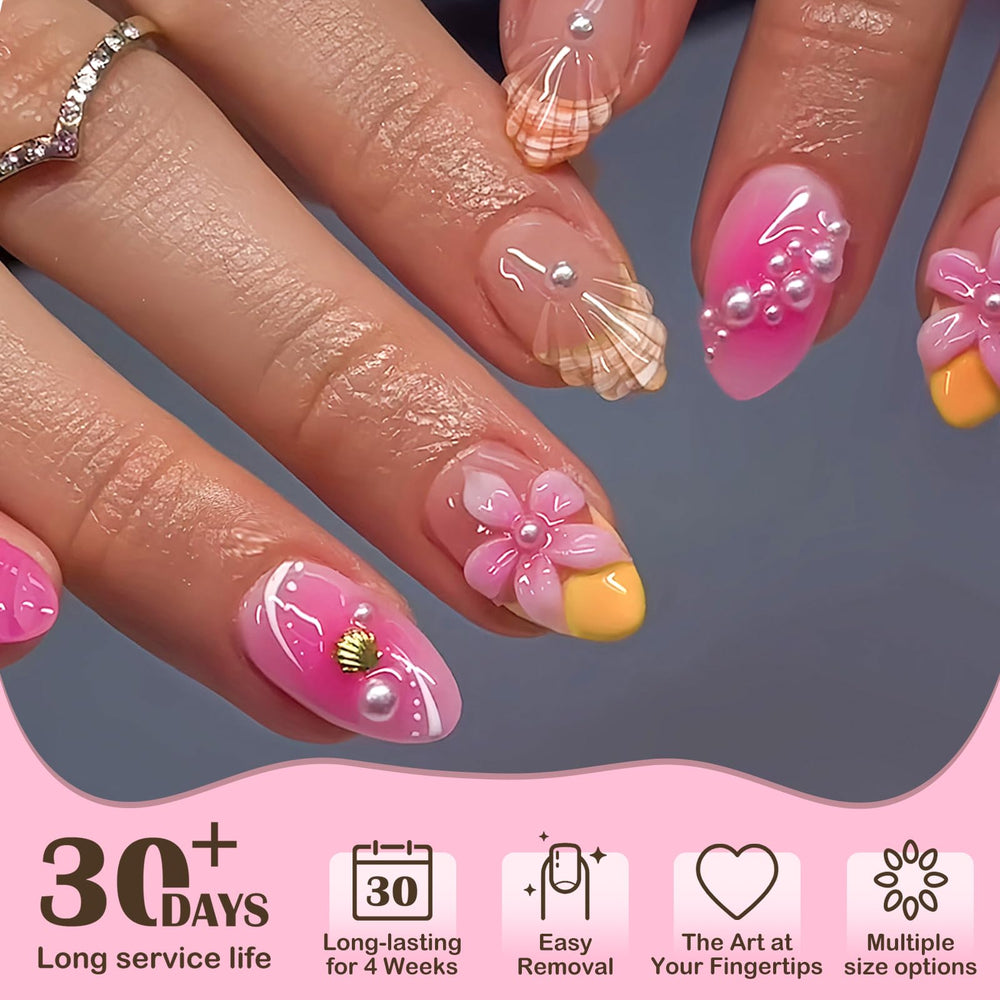 HOSAILY pearls and metallic shell accents on nails demonstrating beachy sparkle