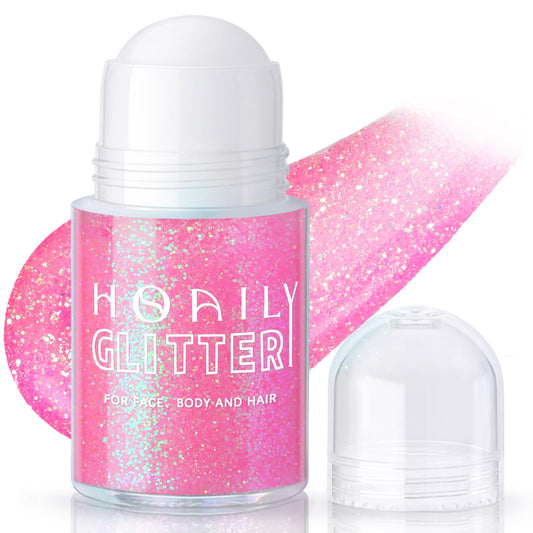 HOSAILY roll-on front view showing pink holographic glitter and label for easy carrying