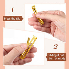Hotop barrettes securing bangs in hair, demonstrating discreet hold and tidy styling