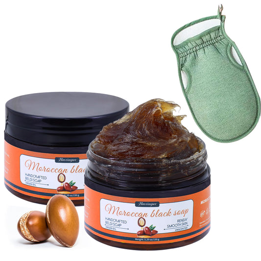 Hoveimpee front packaging showing two fragrance-free black soap bars and benefits
