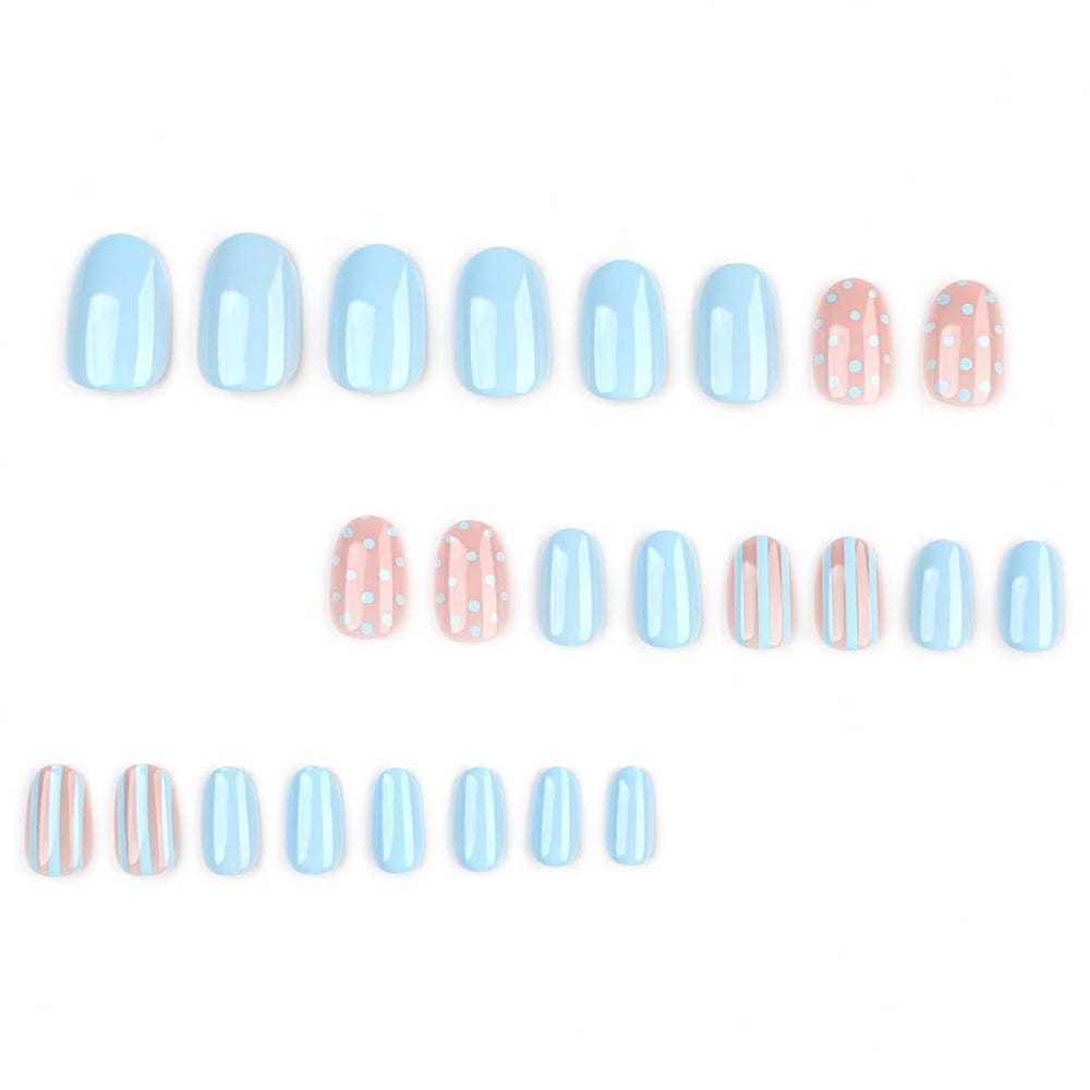 HPYFOI close-up of polka dot and striped nail patterns, highlighting design detail