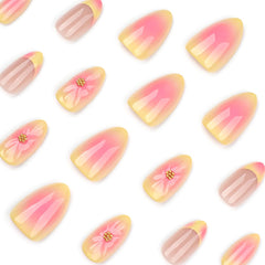 HPYFOI top view of pink and yellow floral nail designs for summer style