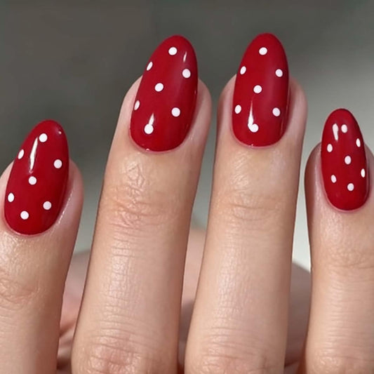 HPYFOI front packaging showing red polka dot press-on nails and contents for quick mani