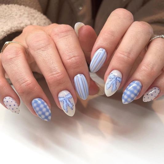 HPYFOI front view of almond blue press-on nails showing design and included kit benefit