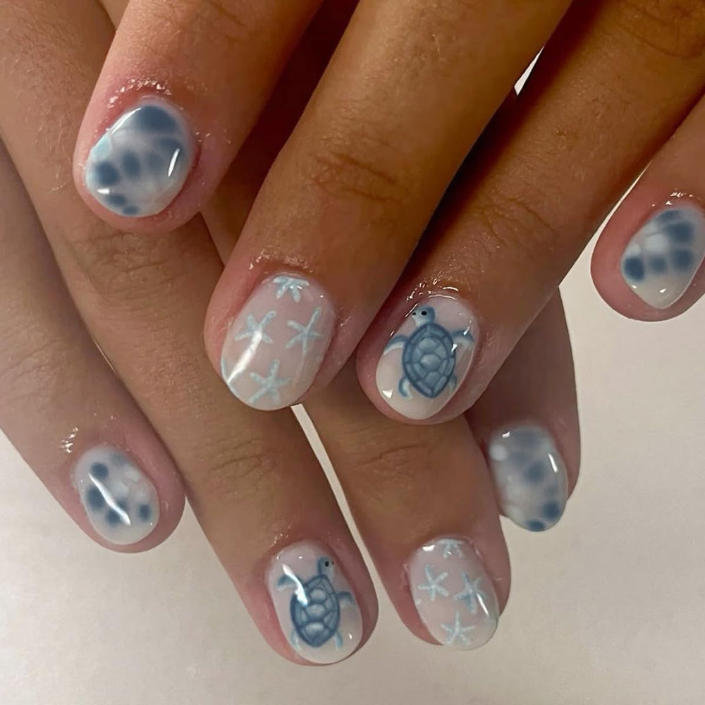 HPYFOI front packaging showing beach-themed press-on nails and benefits of quick application