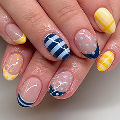 HPYFOI front view of blue yellow press-on nails showing full set and benefits