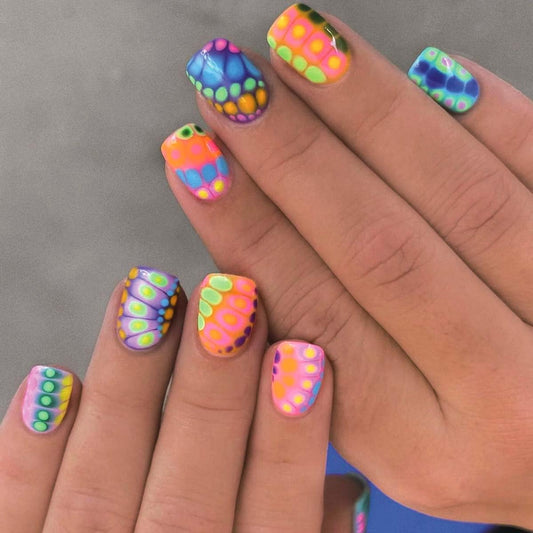 HPYFOI front packaging showing vibrant multicolor short square nails and included kit benefits