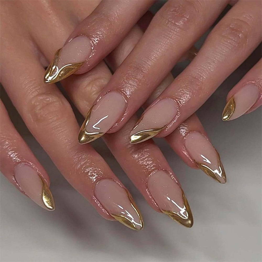 HPYFOI front packaging showing glossy gold almond press-on nails and benefits of quick application