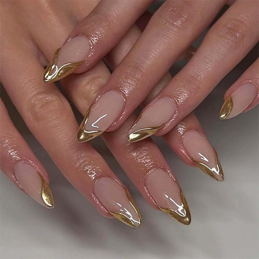 HPYFOI front packaging showing glossy gold almond press-on nails and benefits of quick application