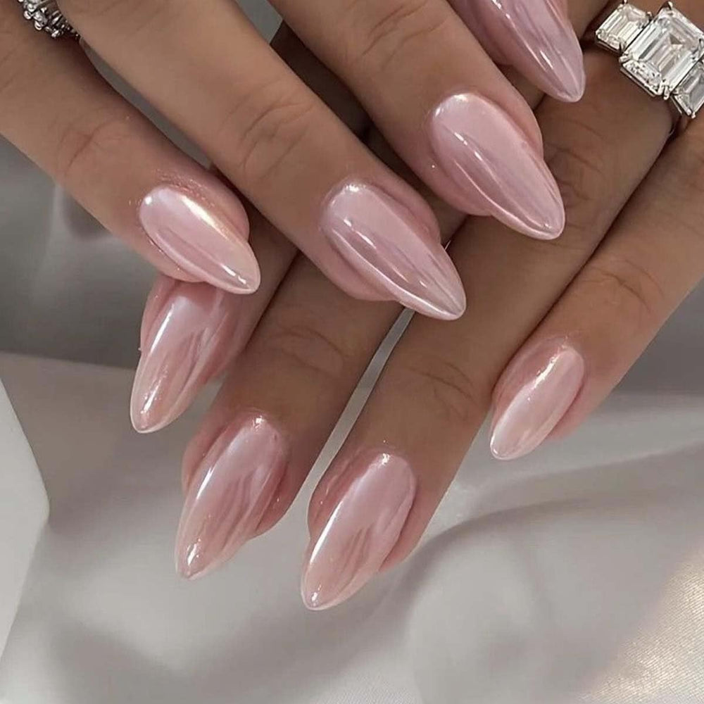 HPYFOI front packaging showing 24-piece pink chrome nail set benefits quick style