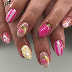 HPYFOI front packaging showing short almond nails set and colors, fast application benefit