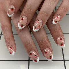 HPYFOI front packaging showing short almond strawberry press-on nails and benefits