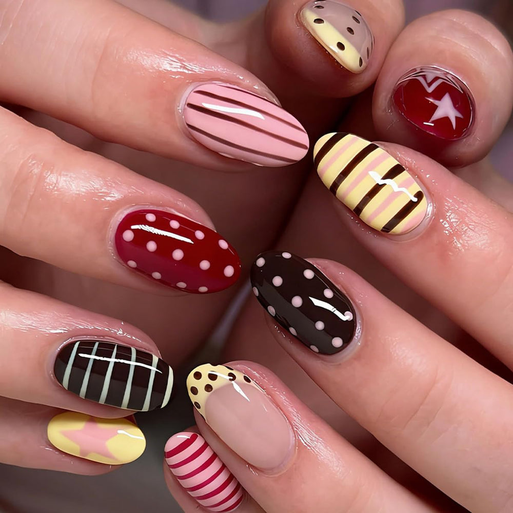 HPYFOI front packaging showing 24 short oval press-on nails and colors for instant style