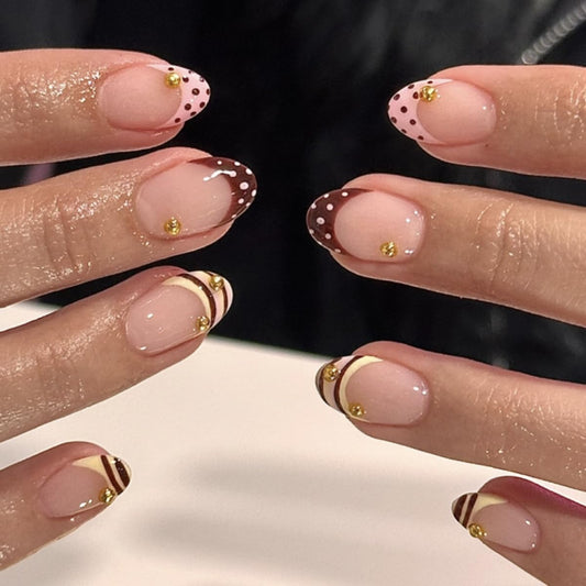 HPYFOI front packaging showing 24 short oval press-on nails and accessories, instant mani