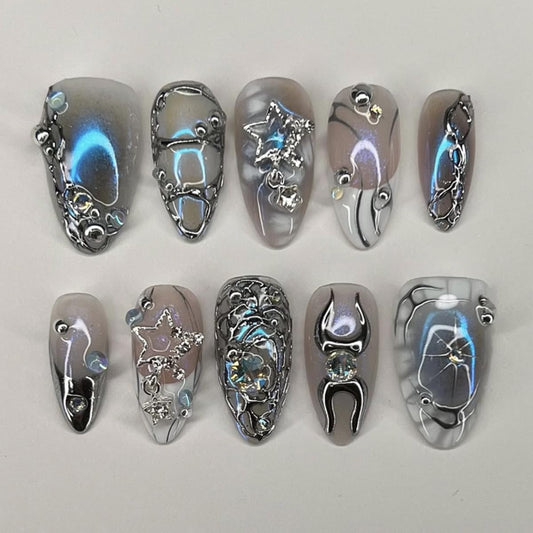 HPYFOI front packaging showing silver chrome press-on nails and included kit benefits