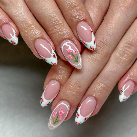 HPYFOI front packaging showing tulip almond nails and kit contents for quick style