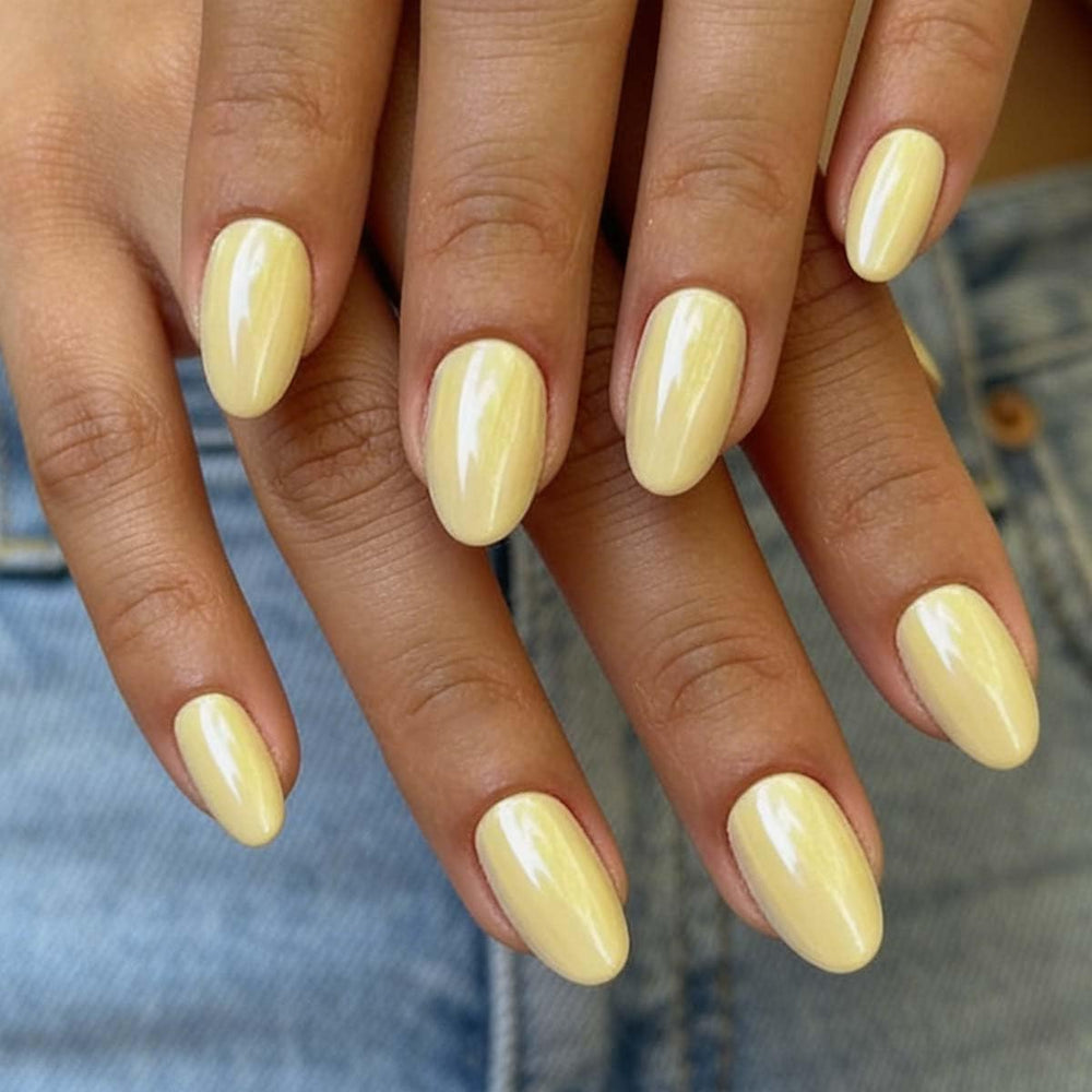 HPYFOI front packaging showing 24 yellow chrome press-on nails for instant style