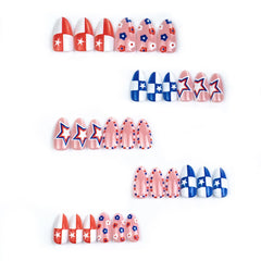 HPYFOI hand model wearing almond nails for instant patriotic style