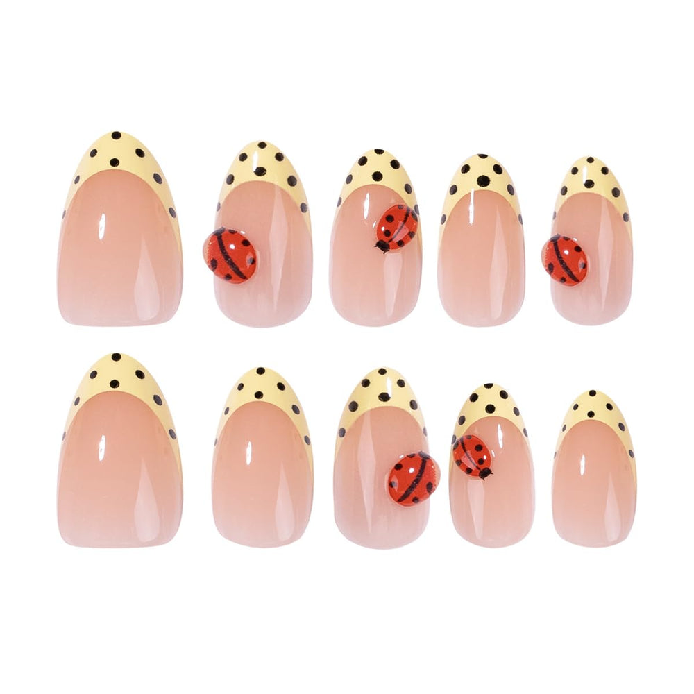 HPYFOI press-on nails worn while typing showing practical short almond shape