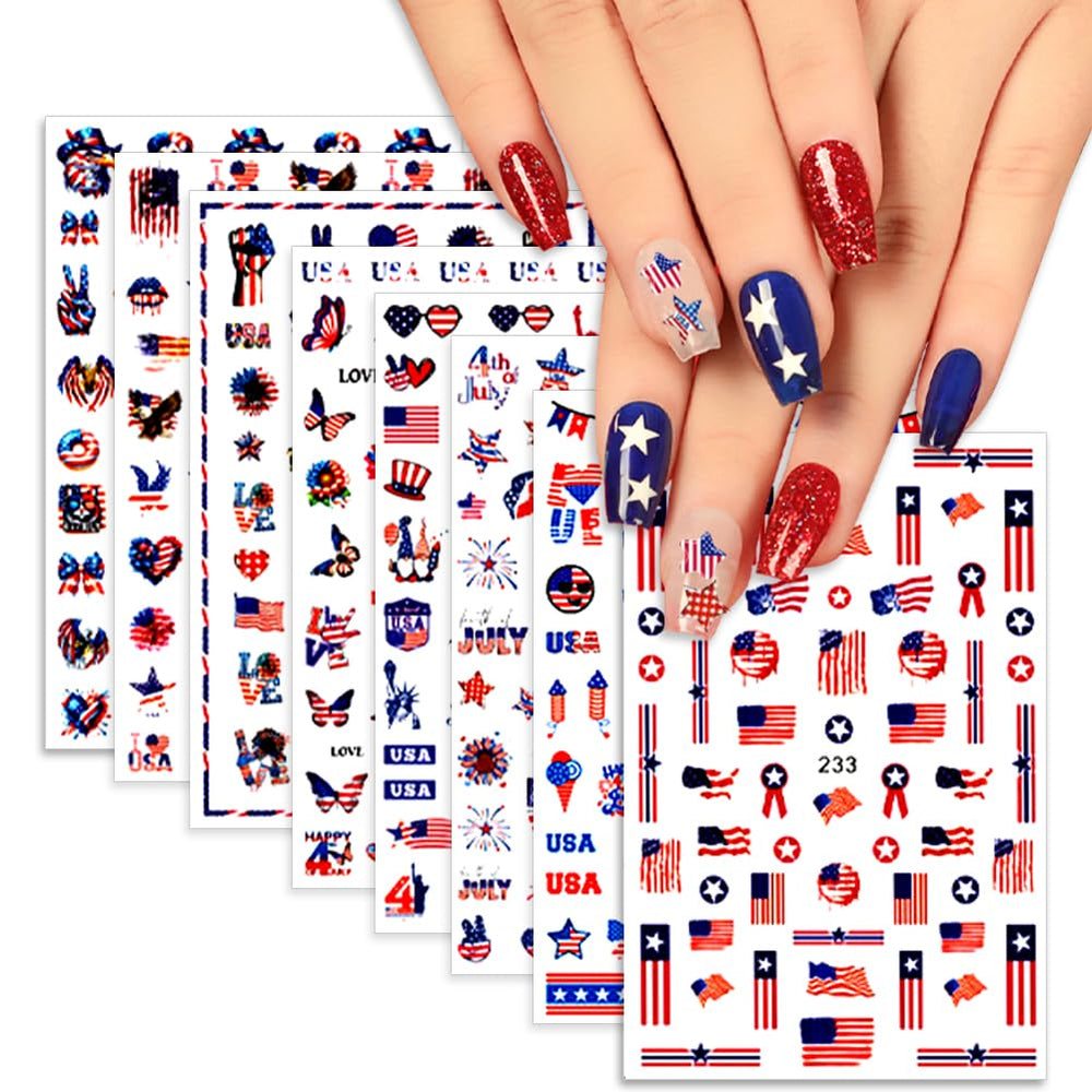 Hrnsnails front packaging showing eight patriotic decal sheets and easy setup