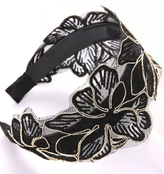 Huachi front view of headband showing elegant floral design and shimmer