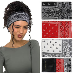 Huachi front packaging showing three color bandana headbands and outfit matching benefit