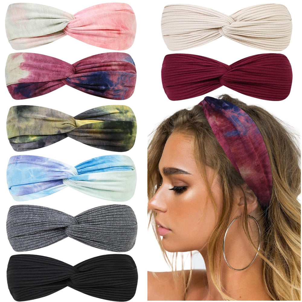 Huachi front view of eight-piece headband set showing colors and packaging, stylish convenience