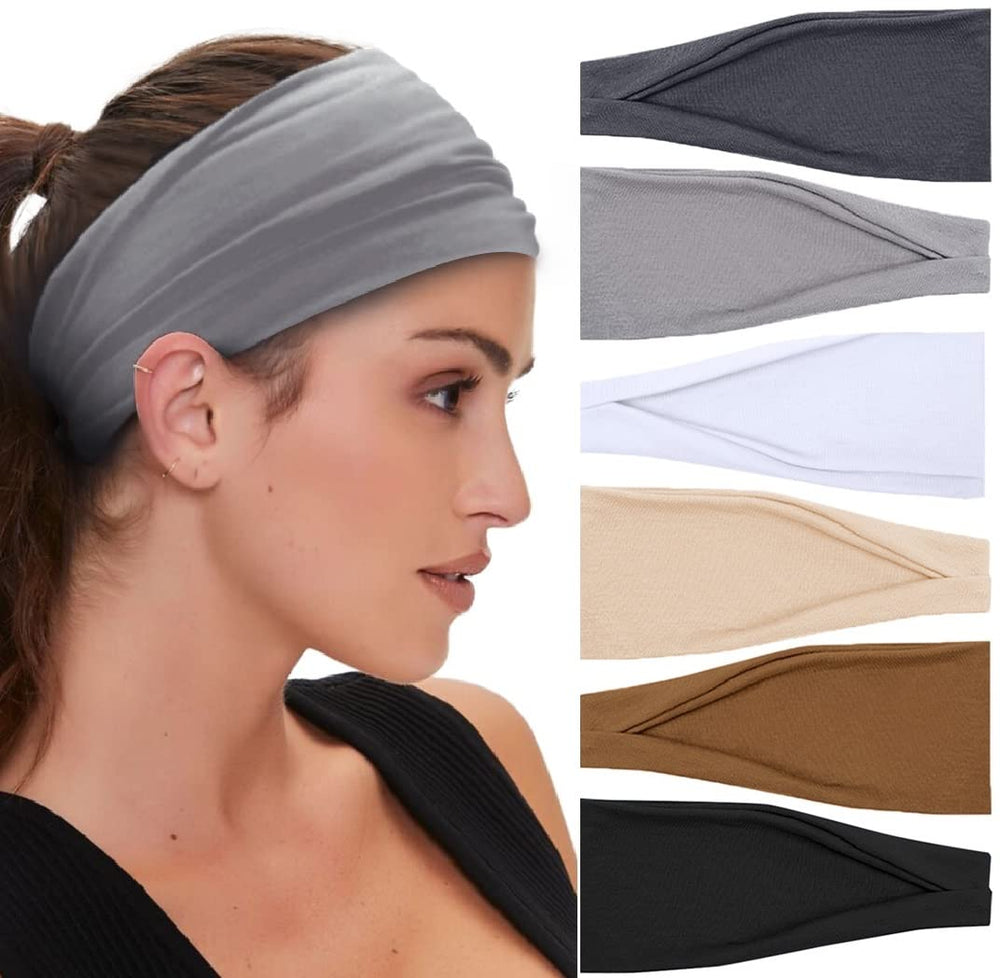 Huachi headbands front pack view showing six neutral colors and secure fit benefit
