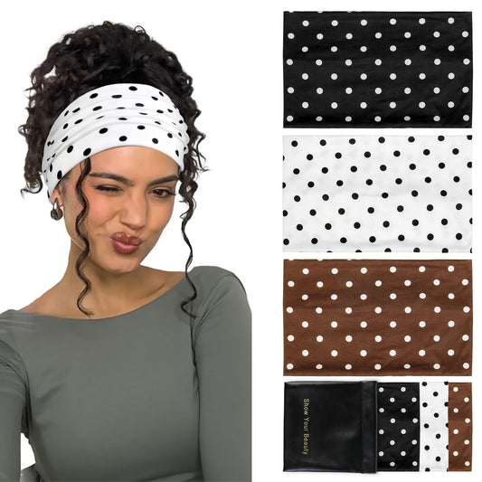 Huachi front packaging showing three polka dot headbands and easy styling benefit
