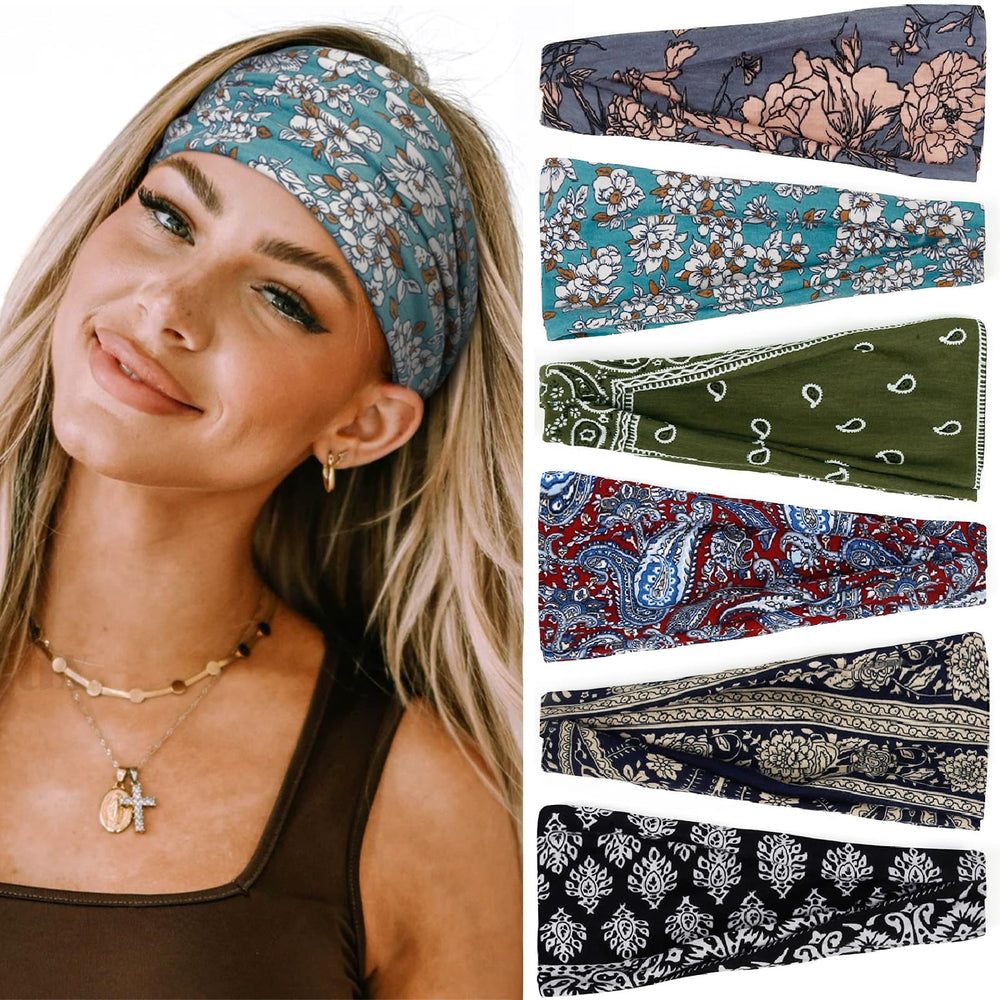 Huachi front view of six-pack boho headbands showing variety and convenience