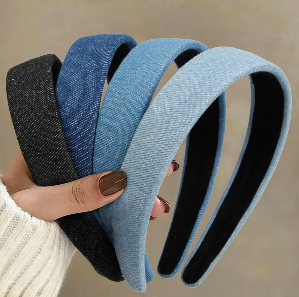 Huachi front view of four denim headbands showing colors and shape, adds vintage flair