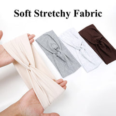 Huachi headband stretched on model demonstrating wide non-slip fit and gentle elasticity