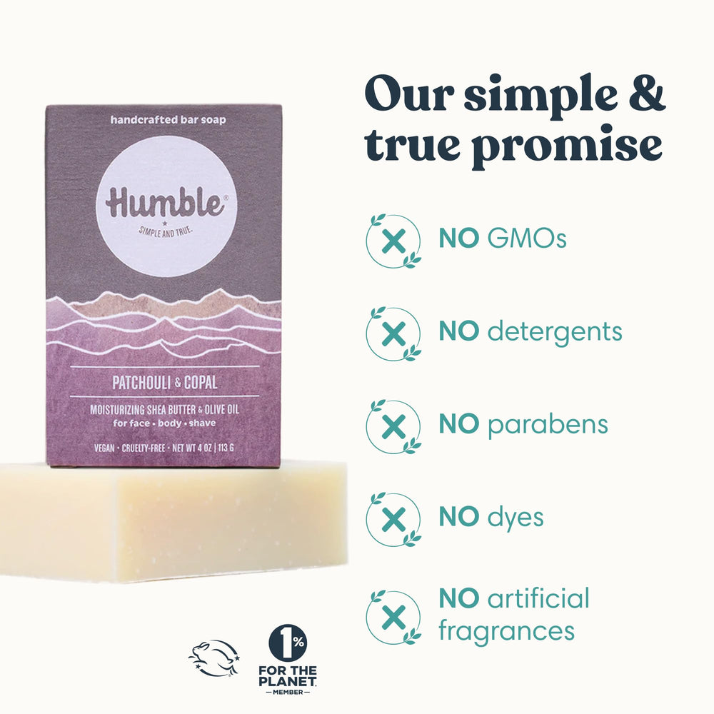 HUMBLE SIMPLE AND TRUE ingredients label showing natural oils and essential oil transparency