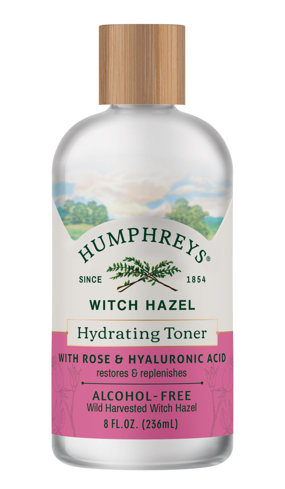 Humphreys front label bottle showing witch hazel and rose benefits