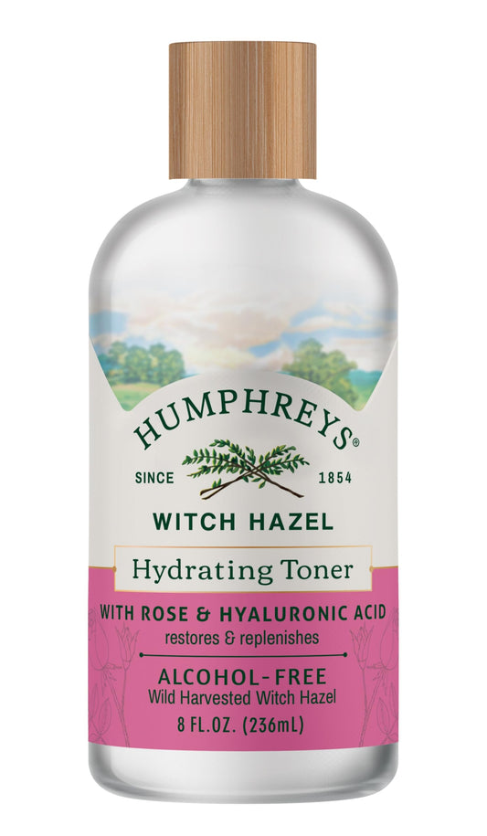 Humphreys front label bottle showing witch hazel and rose benefits