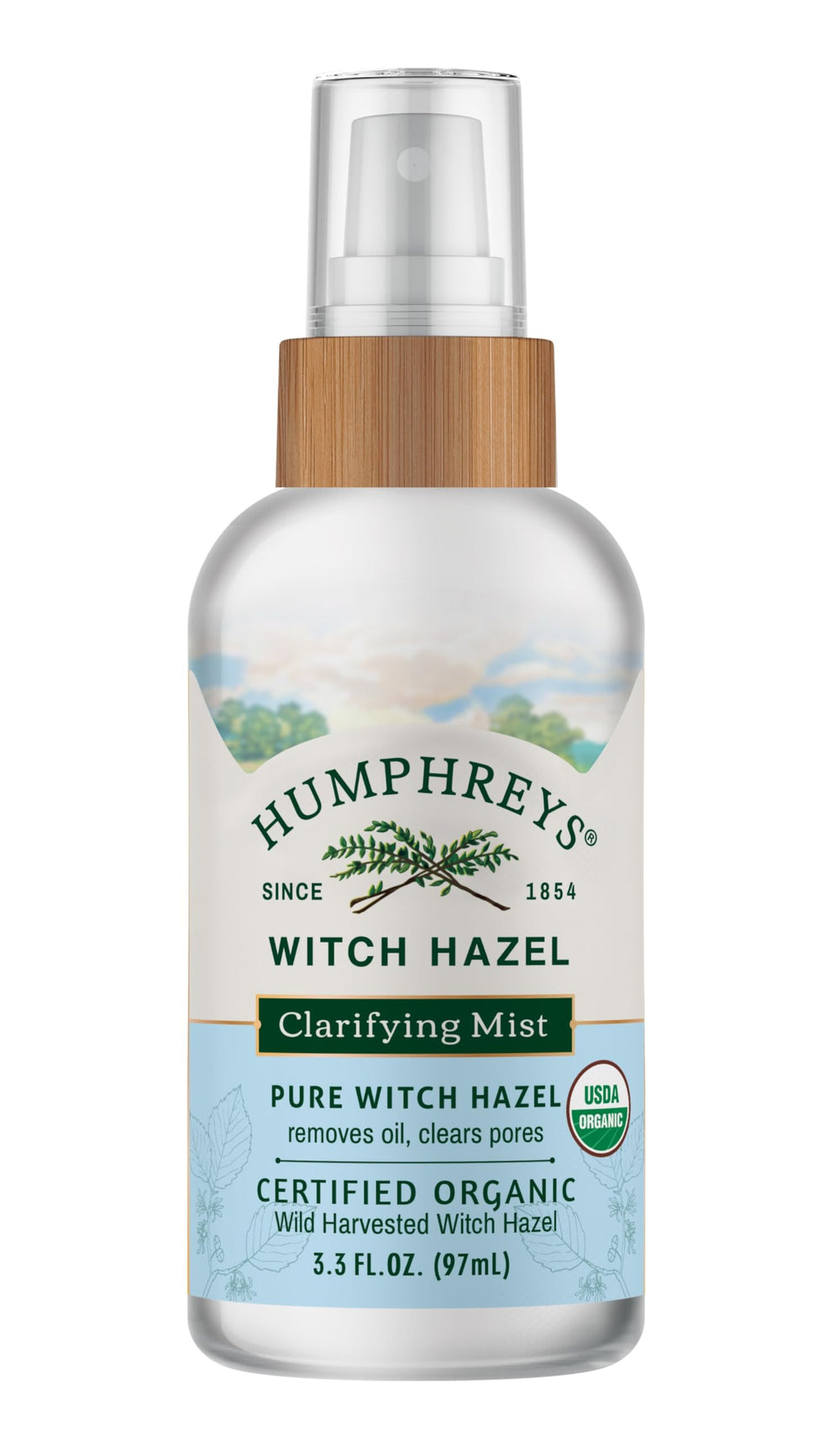 Humphreys front packaging showing organic witch hazel travel bottle and clear benefit
