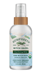 Humphreys front packaging showing organic witch hazel travel bottle and clear benefit