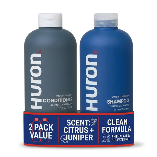 Huron duo front packaging showing both shampoo and conditioner and fresh citrus scent benefit