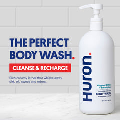 Huron pump and label close-up highlighting non-toxic ingredient callouts
