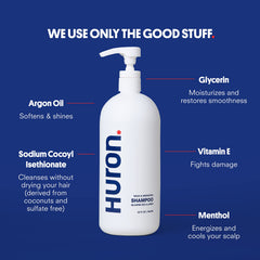 Huron shampoo lather texture showing gentle foam and hydration