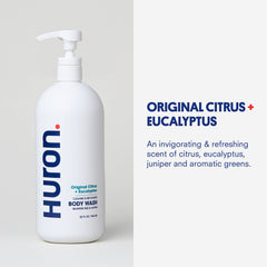 Huron bottle held in hand to show 30.3 fl oz scale and convenient pump